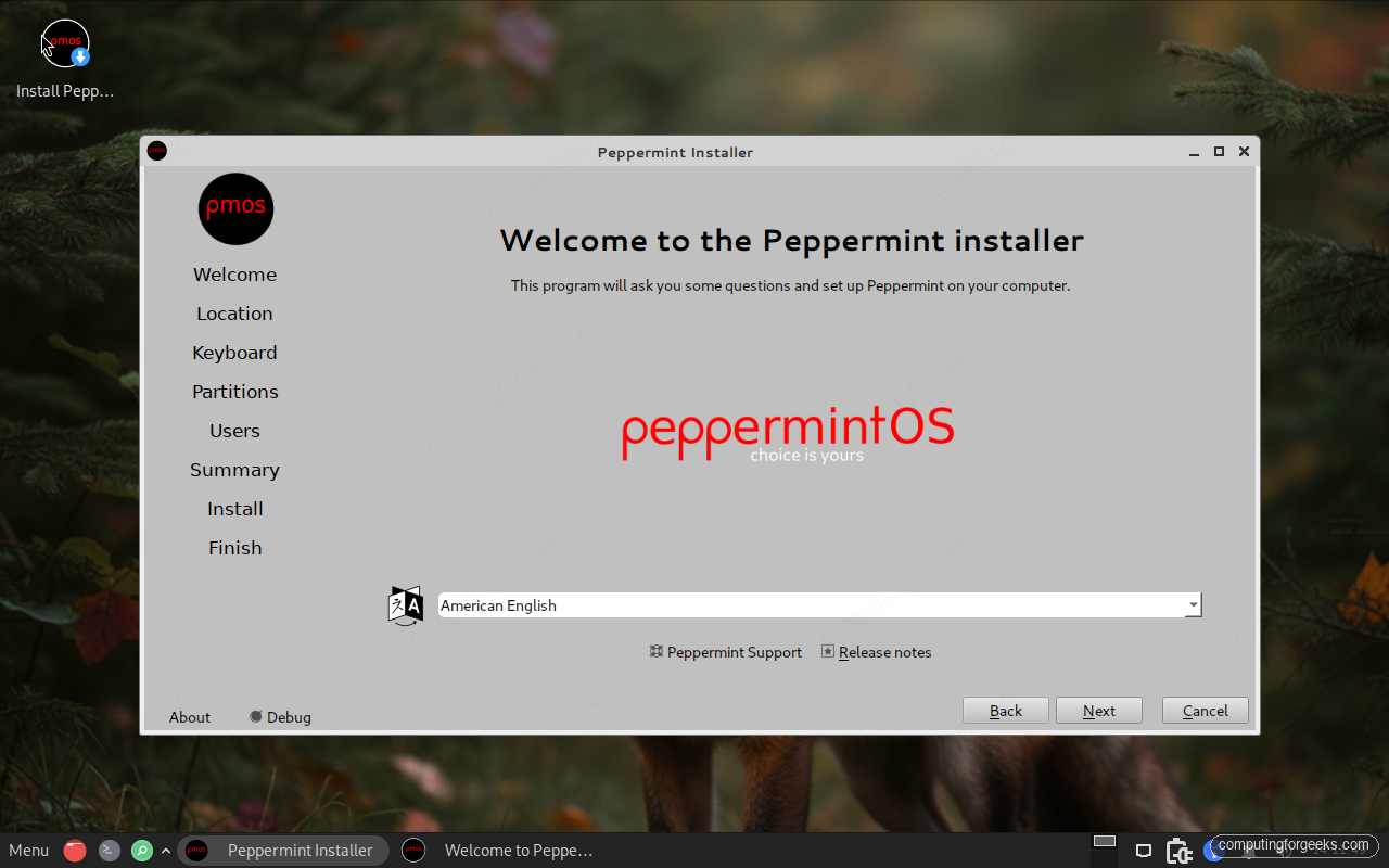 How to Install Peppermint OS Step-by-Step (With Screenshots) 2 Peppermint OS Calamares installer welcome screen with language selection