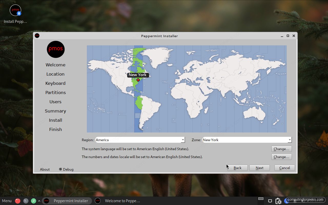 How to Install Peppermint OS Step-by-Step (With Screenshots) 3 Peppermint OS installer location and time zone selection on a world map