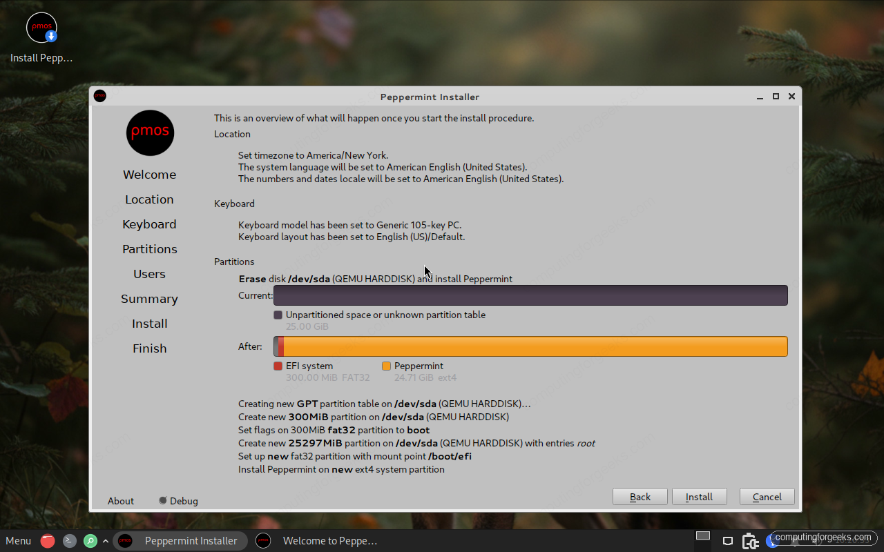 How to Install Peppermint OS Step-by-Step (With Screenshots) 8 Peppermint OS installer summary overview before installation begins