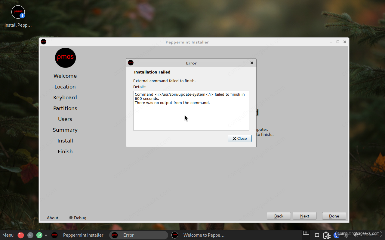 How to Install Peppermint OS Step-by-Step (With Screenshots) 12 Peppermint OS installer update-system timeout error dialog