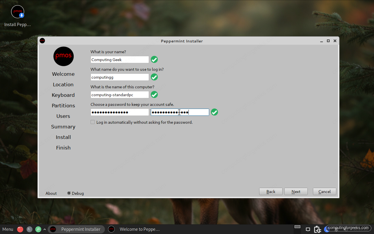 How to Install Peppermint OS Step-by-Step (With Screenshots) 7 Peppermint OS installer user account and password setup screen