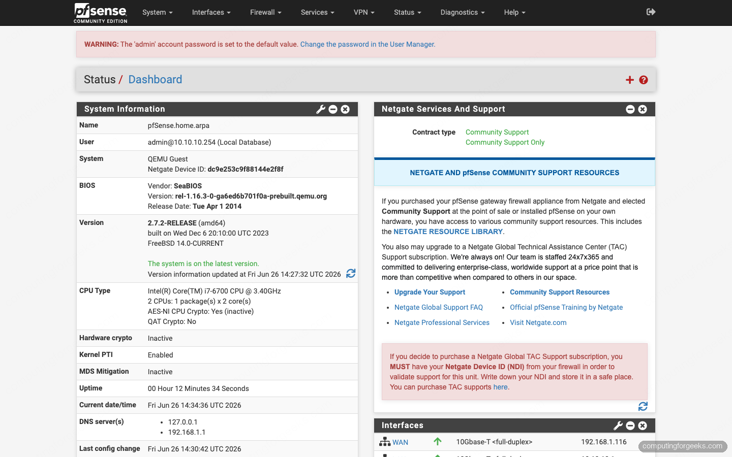 pfSense CE dashboard showing system information and interfaces on a mini PC firewall