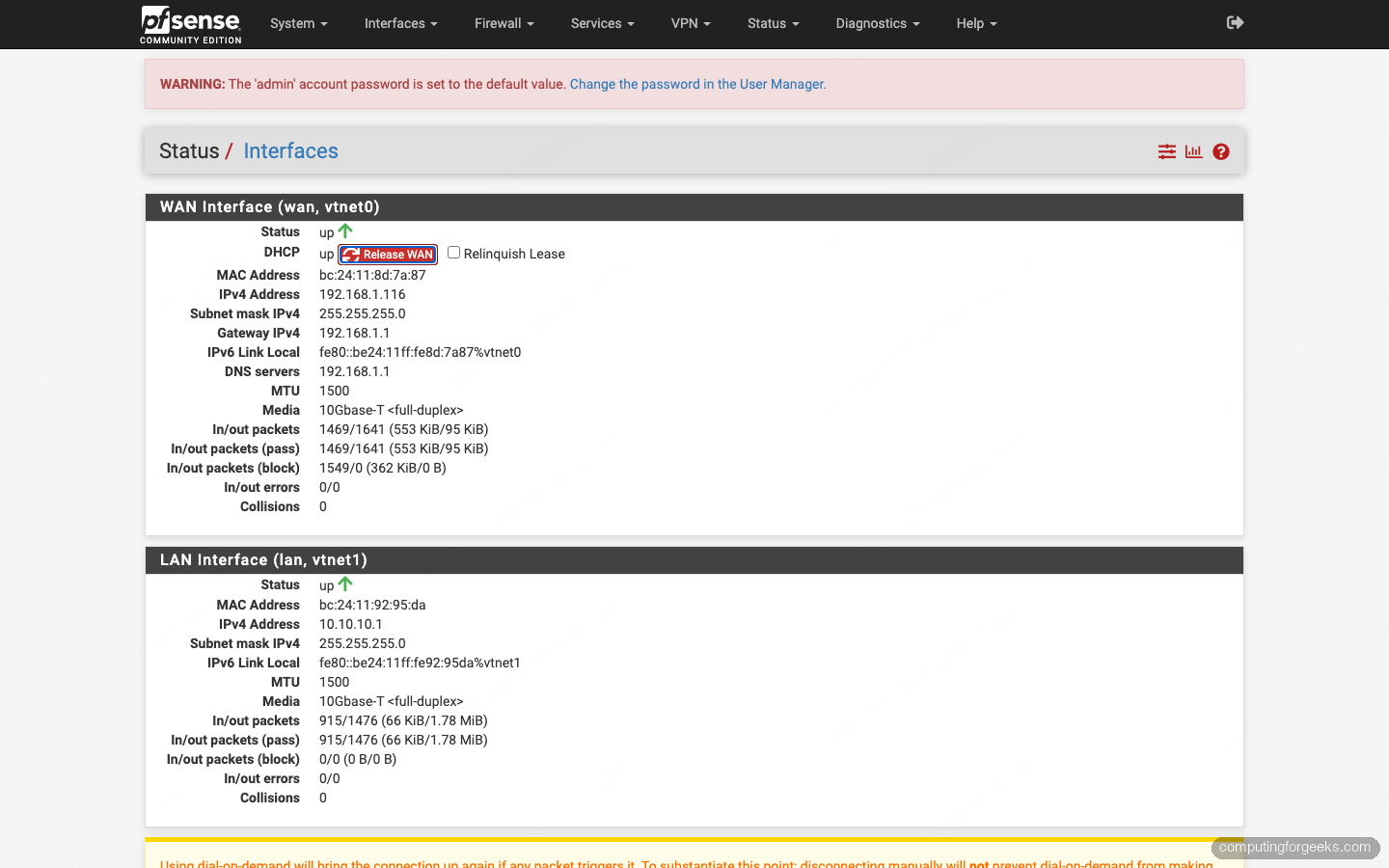 pfSense interfaces page showing WAN on the first NIC and LAN on the second NIC