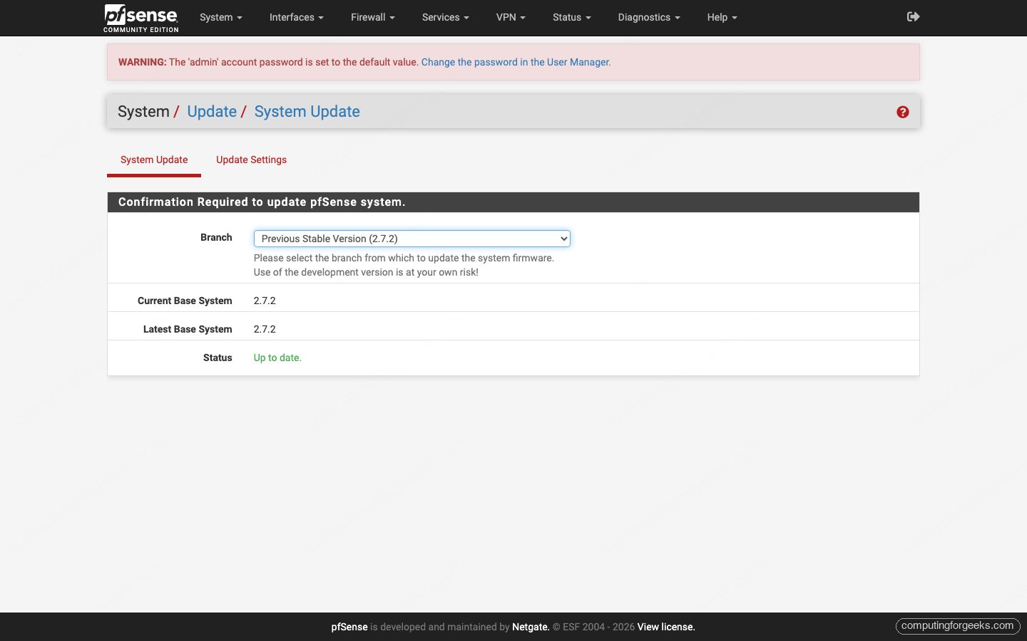 pfSense System Update page with branch set to Previous Stable Version 2.7.2 reporting up to date