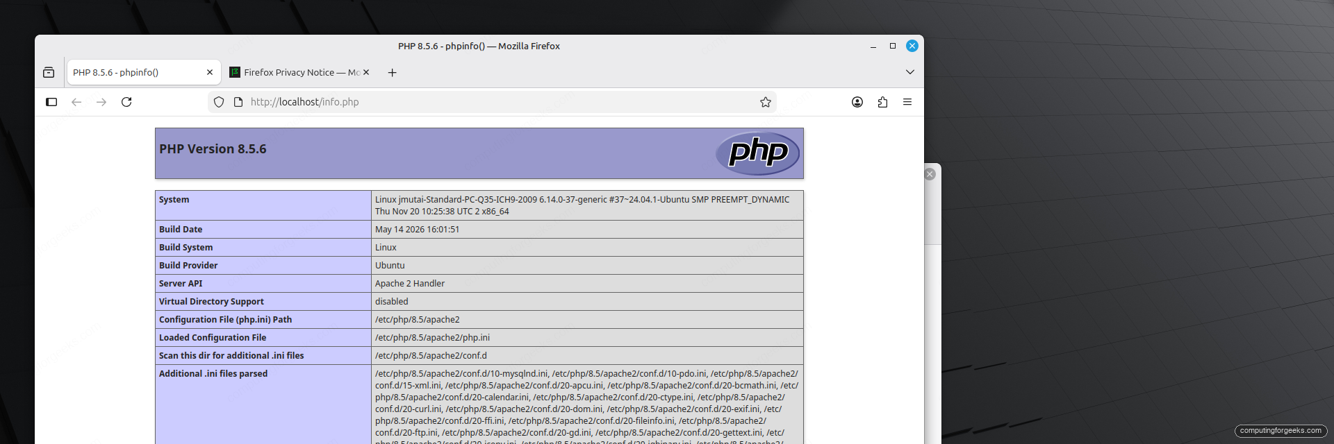 phpinfo in Firefox showing PHP Version 8.5.6 served by Apache on Linux Mint 22.3