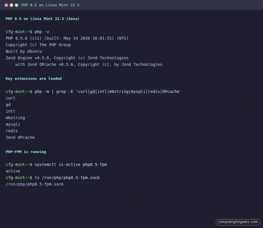 php -v showing PHP 8.5.6 and php8.5-fpm active on Linux Mint 22.3