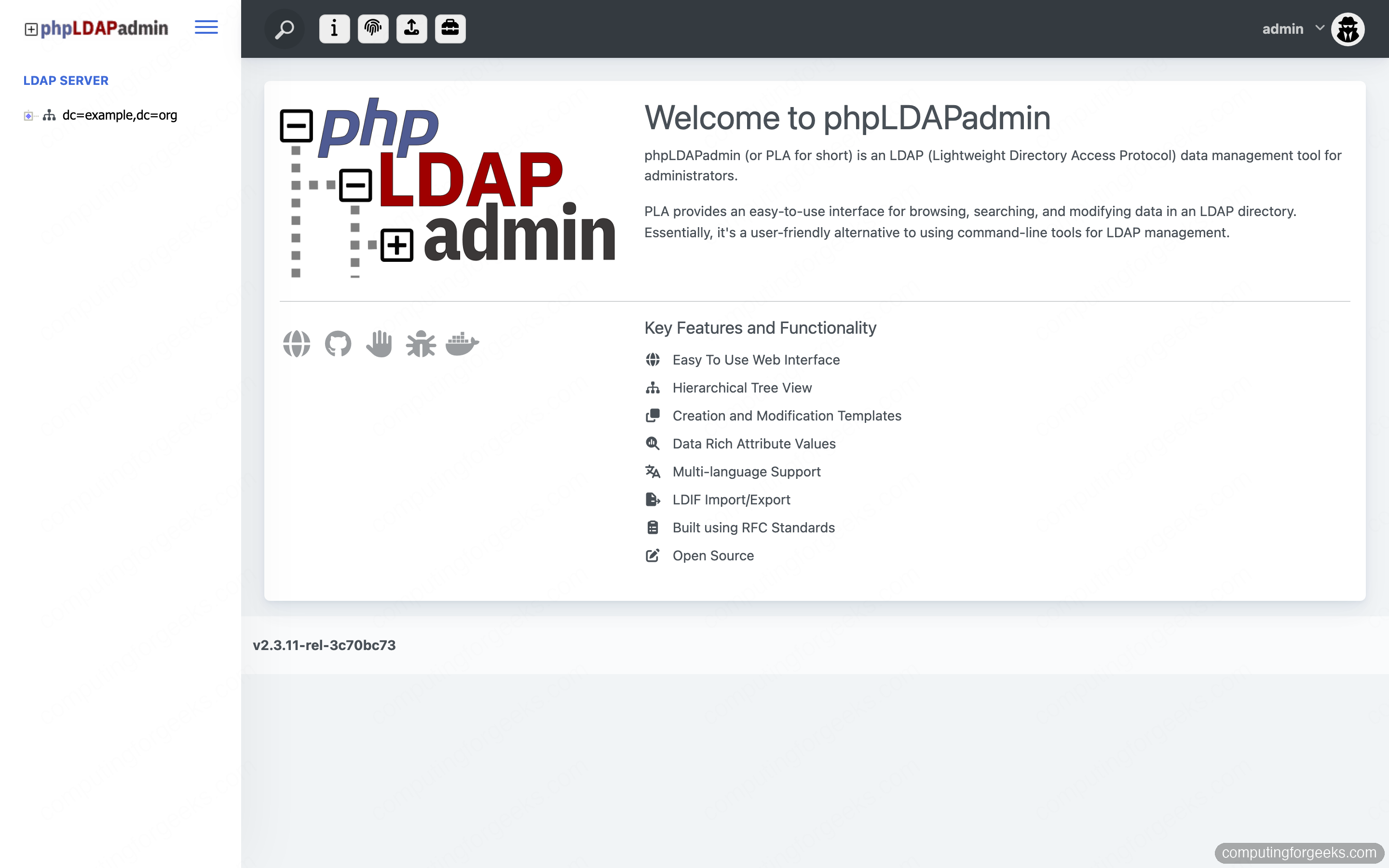 phpLDAPadmin dashboard after logging in to OpenLDAP