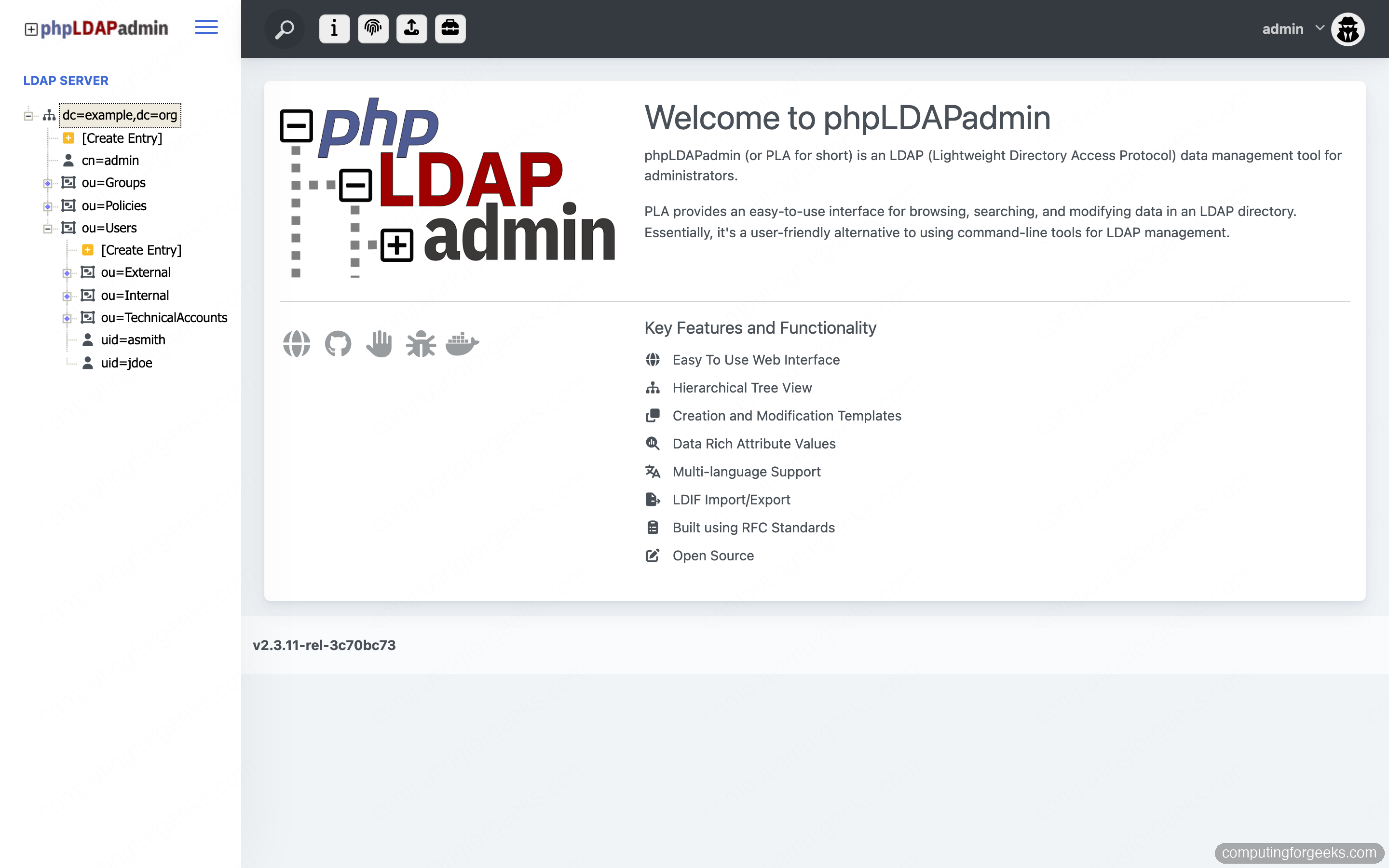 phpLDAPadmin directory tree showing ou=Users and ou=Groups