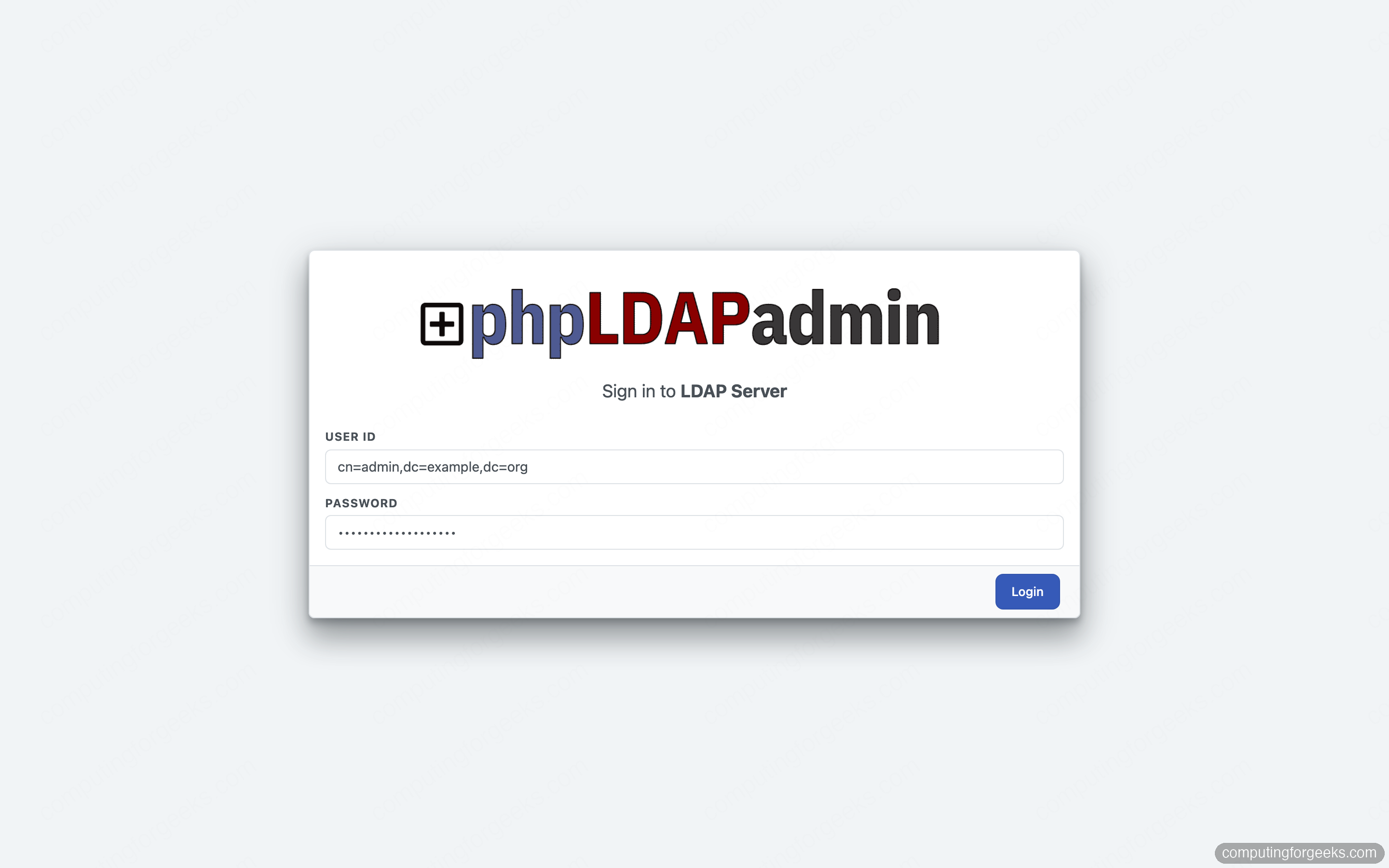 phpLDAPadmin login page showing the admin DN