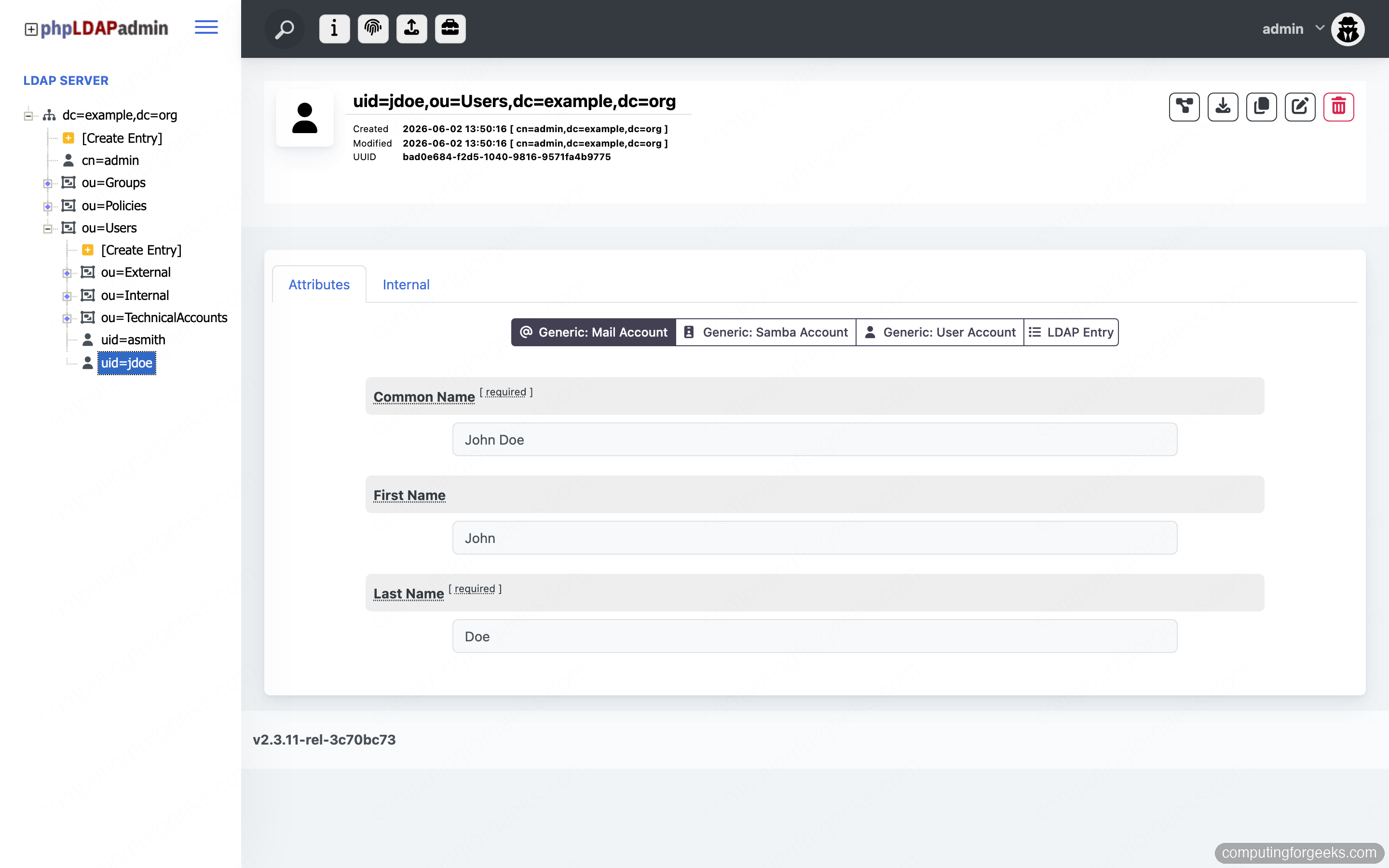 phpLDAPadmin showing the jdoe user entry attributes