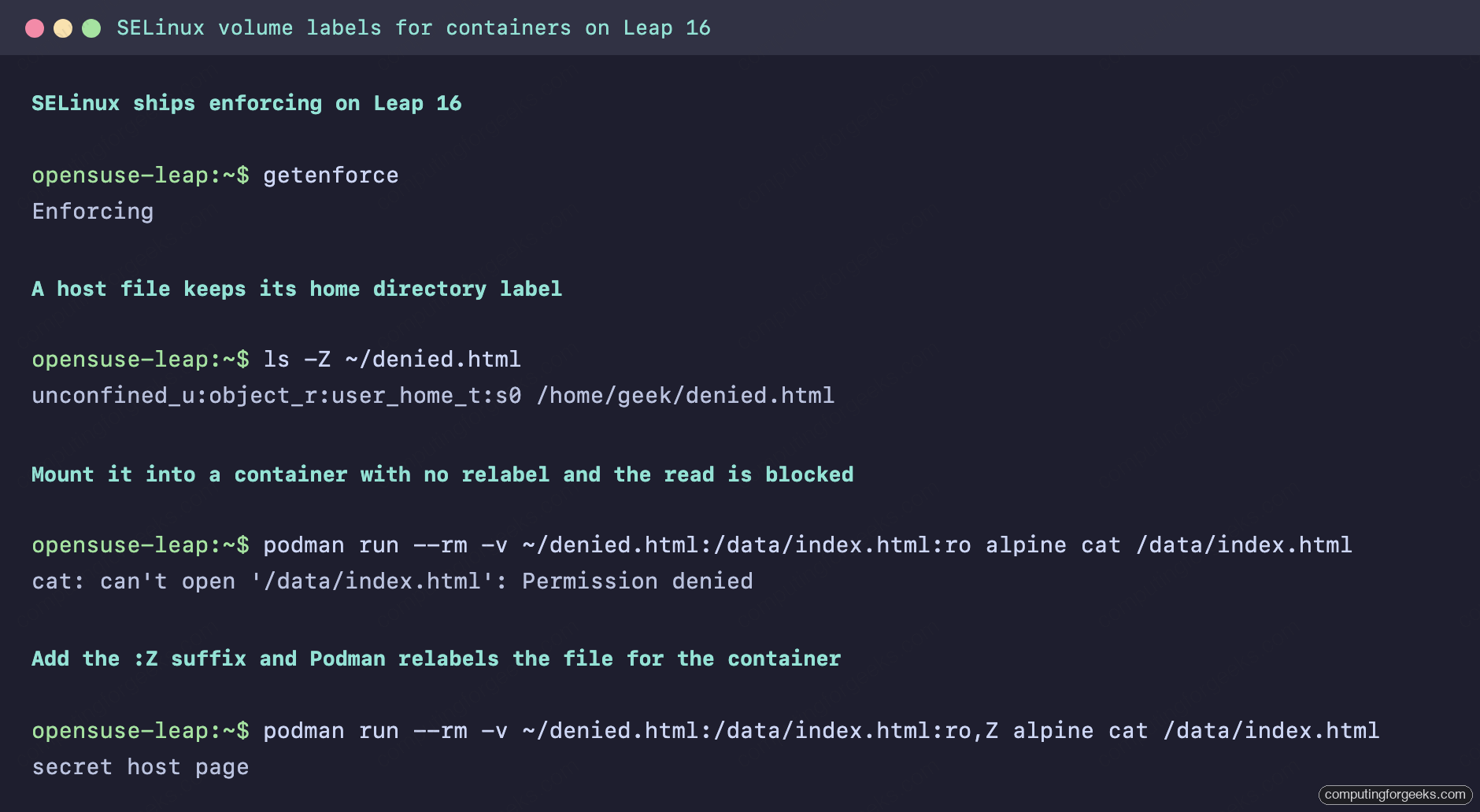 Install Docker and Podman on openSUSE Leap 16 2 Podman SELinux :Z volume relabel fixing Permission denied on openSUSE Leap 16