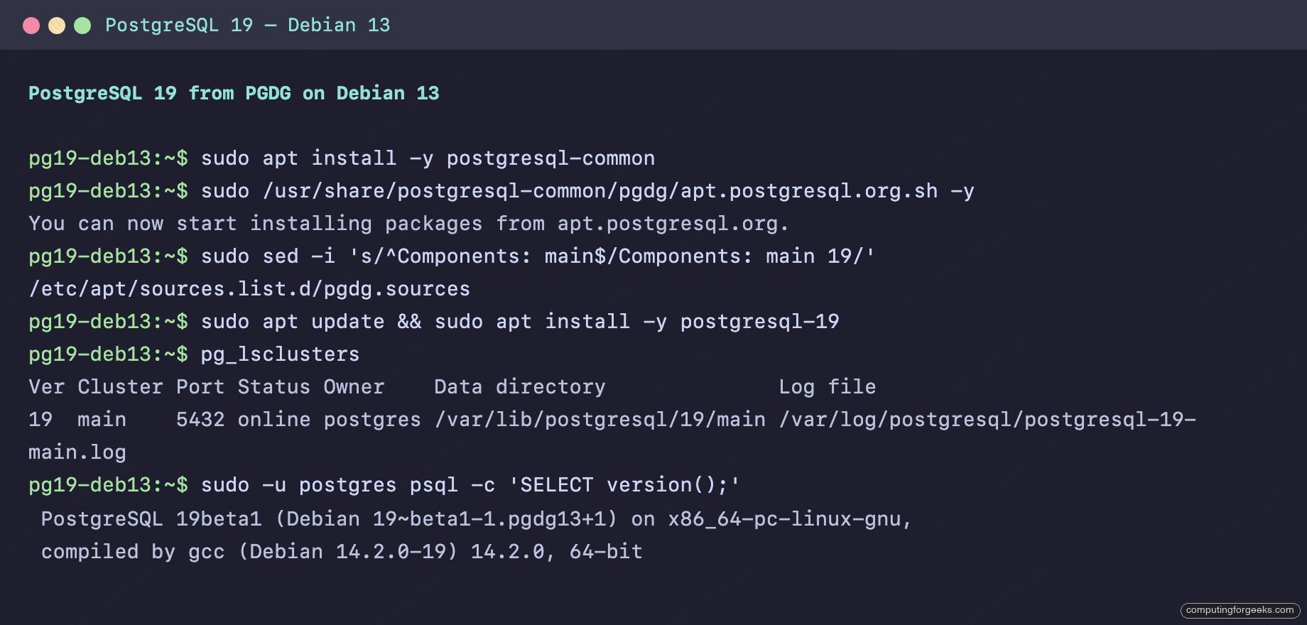 Install PostgreSQL 19 on Ubuntu, Debian, Rocky Linux & AlmaLinux 2 PostgreSQL 19 installed from PGDG and verified on Debian 13