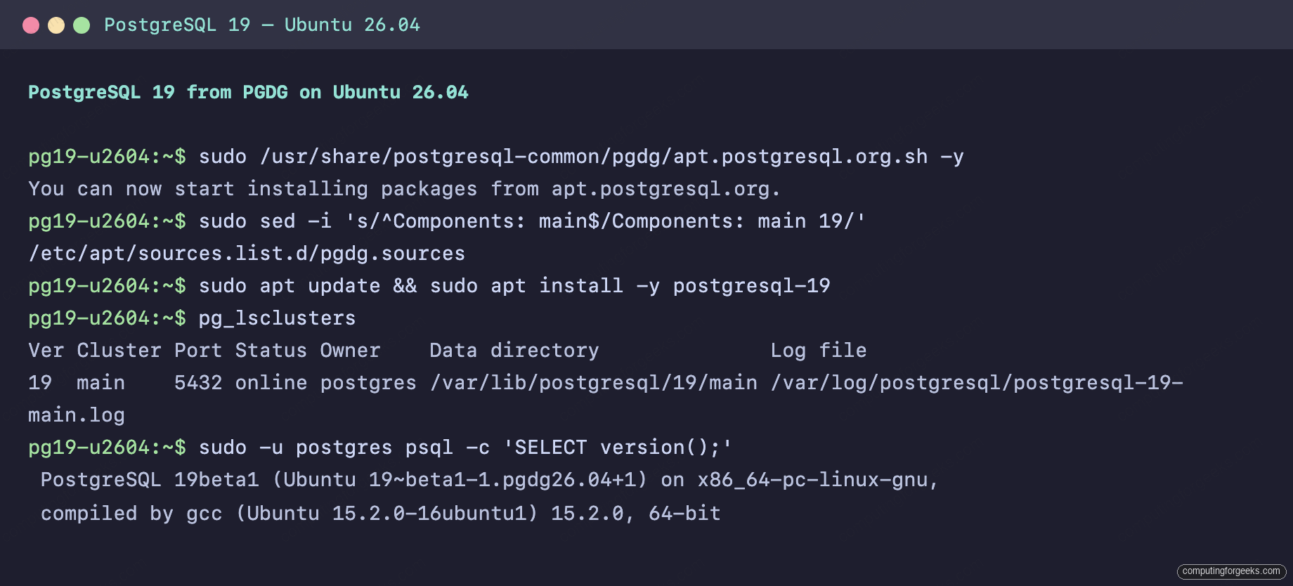 Install PostgreSQL 19 on Ubuntu, Debian, Rocky Linux & AlmaLinux 1 PostgreSQL 19 installed from PGDG and verified on Ubuntu 26.04