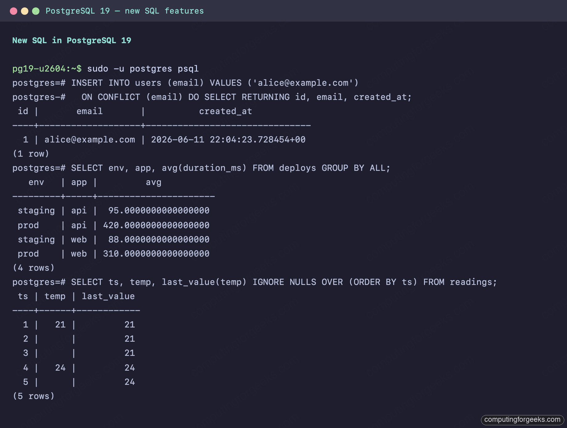 Install PostgreSQL 19 on Ubuntu, Debian, Rocky Linux & AlmaLinux 4 PostgreSQL 19 ON CONFLICT DO SELECT, GROUP BY ALL and IGNORE NULLS tested in psql
