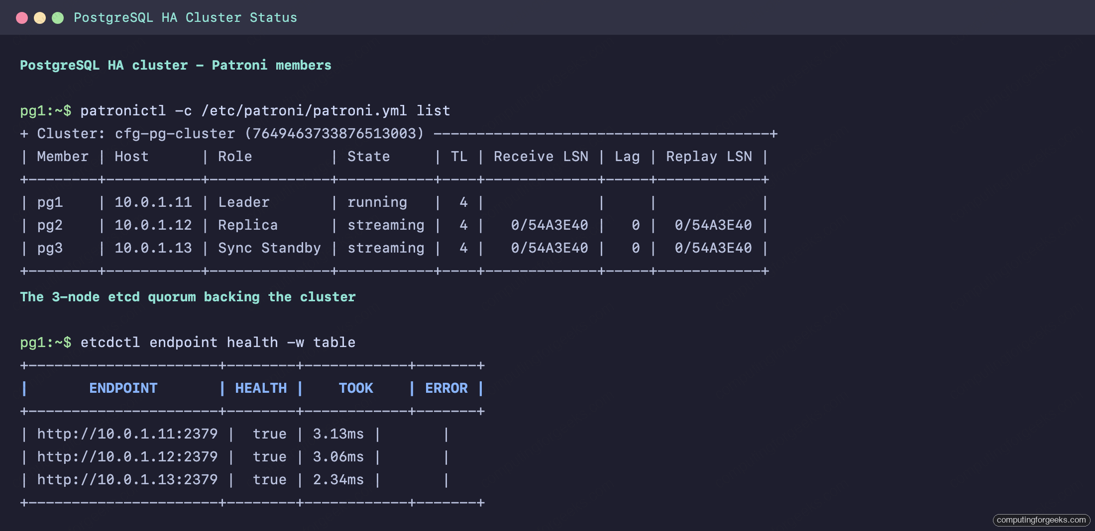 Set Up PostgreSQL High Availability with Patroni and HAProxy 1 patronictl list showing a three-node PostgreSQL HA cluster with one leader, one sync standby, and the etcd quorum healthy