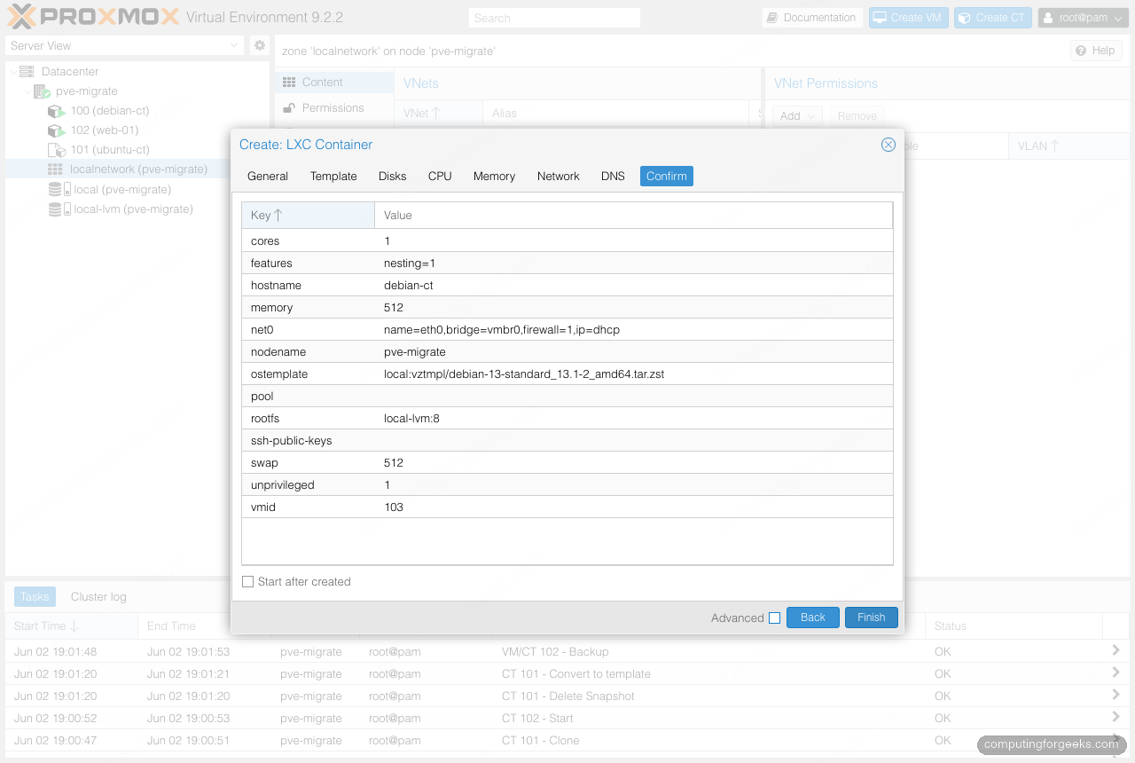 Proxmox VE Create CT Confirm tab showing the full LXC container configuration