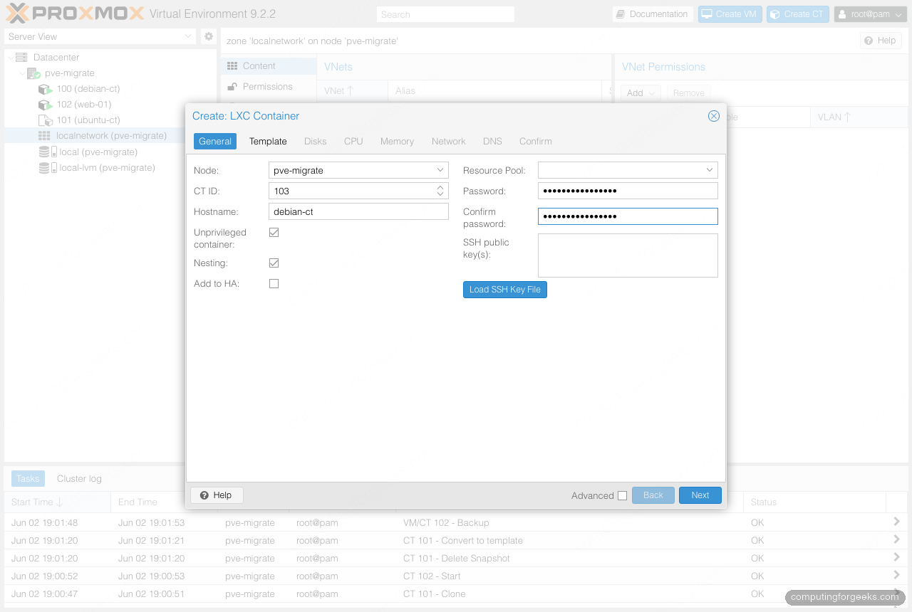 Proxmox VE 9 Create LXC Container wizard General tab with unprivileged and nesting enabled
