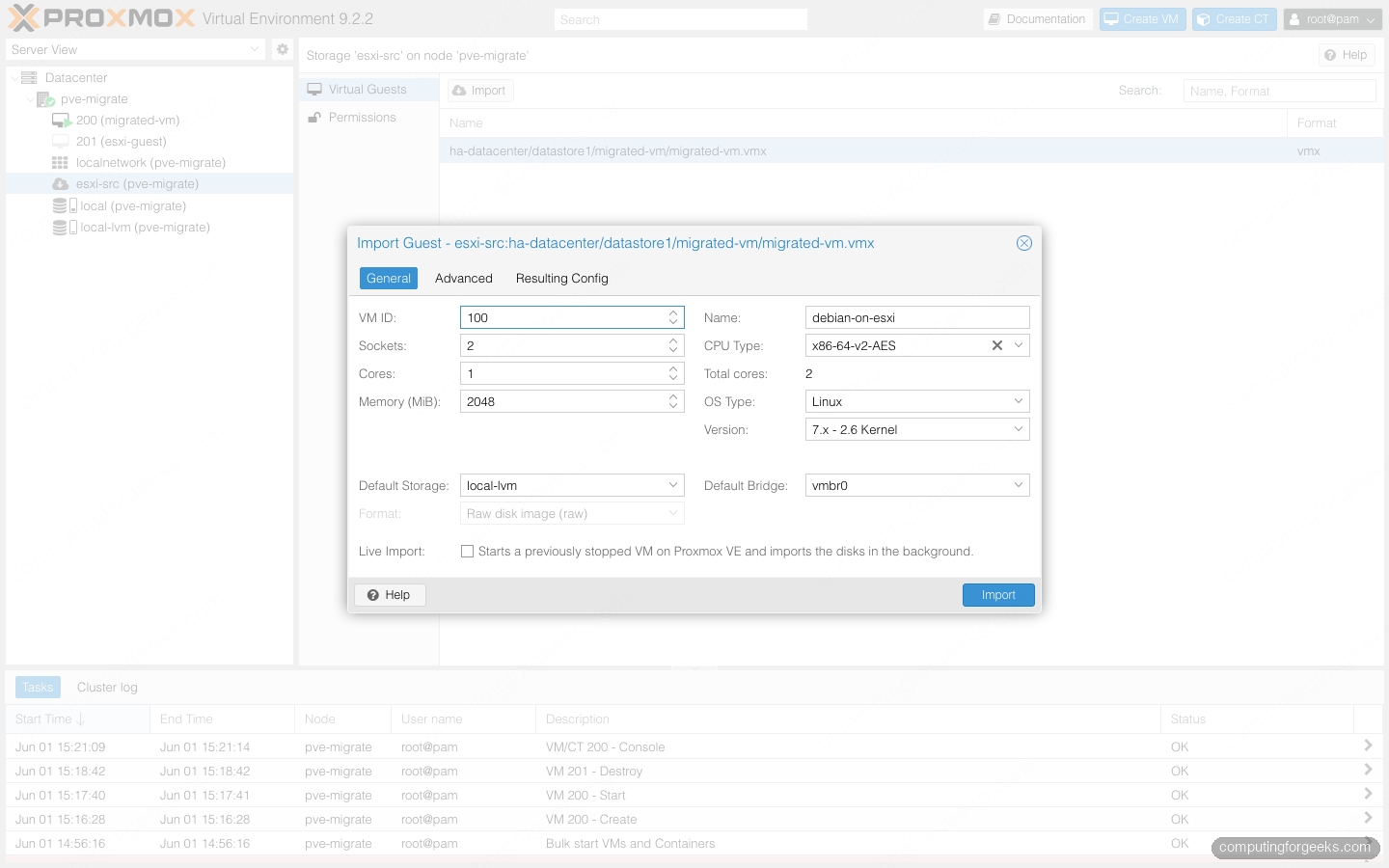 Proxmox VE Import Guest dialog auto-detecting an ESXi VM configuration