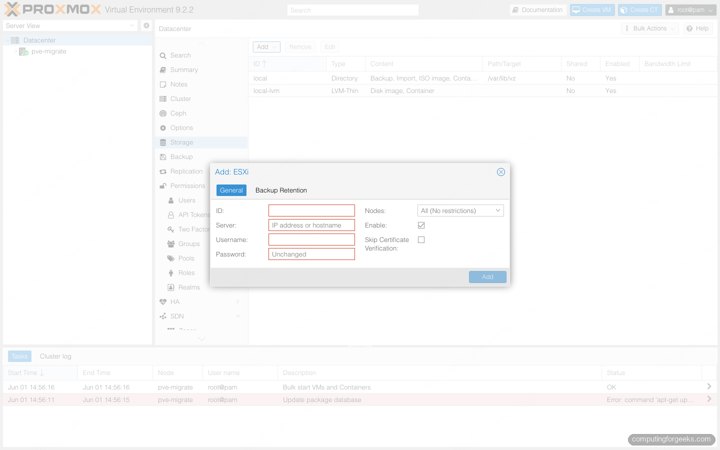 Proxmox VE Add ESXi storage import wizard dialog