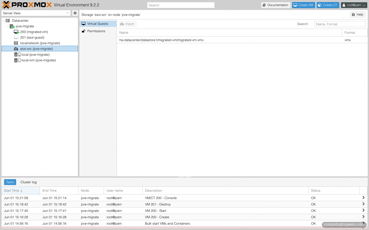 Proxmox VE ESXi import wizard listing a virtual machine from a live ESXi host