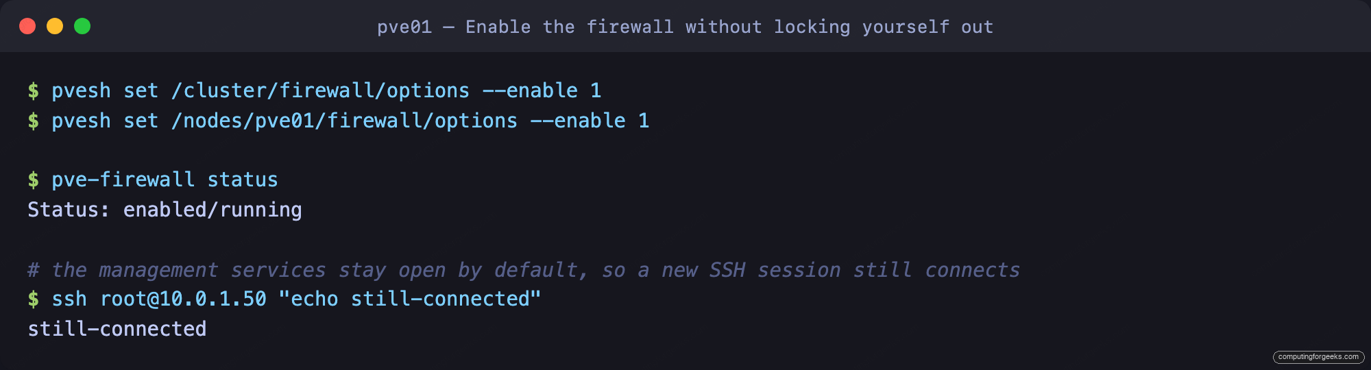 Proxmox VE firewall enabled at both levels with the host still reachable over SSH