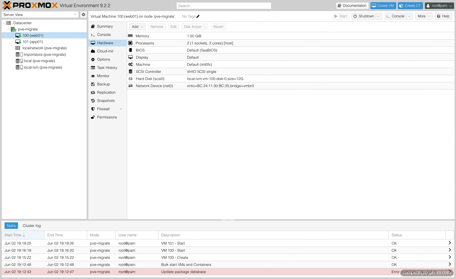 Migrate KVM to Proxmox VE: 3 Tested Methods 3 Proxmox VE hardware tab of a migrated VM showing the imported virtio-scsi disk