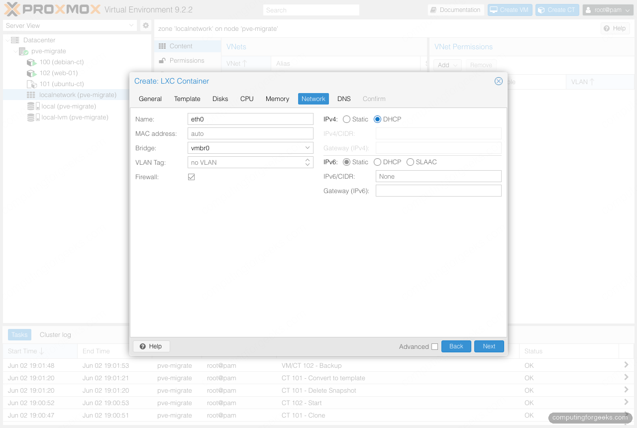 Proxmox VE LXC container Network tab with vmbr0 bridge and DHCP IPv4