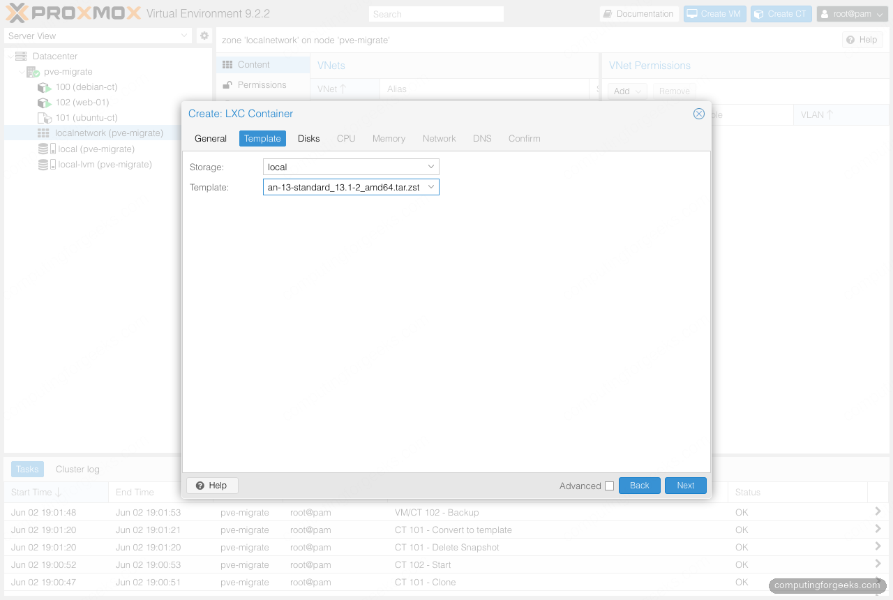 Selecting a Debian 13 LXC template in the Proxmox VE Create CT wizard