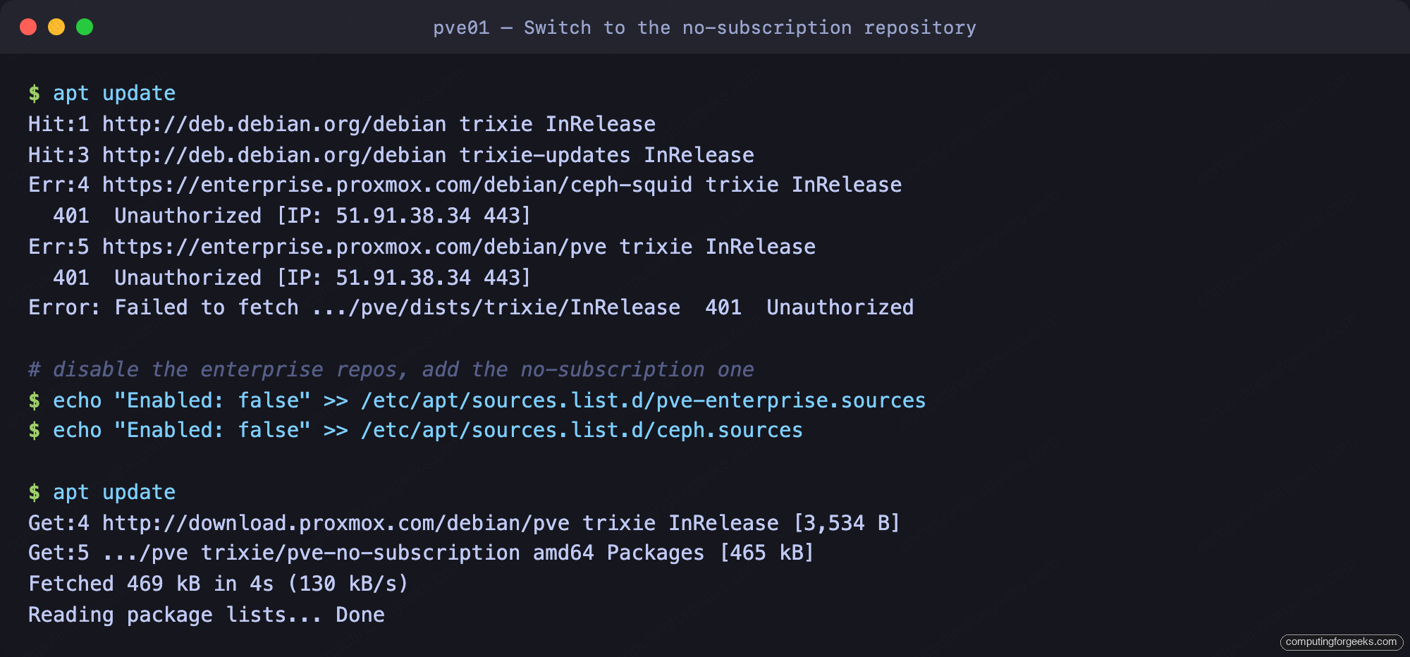 Proxmox VE enterprise repository 401 error and the no-subscription fix