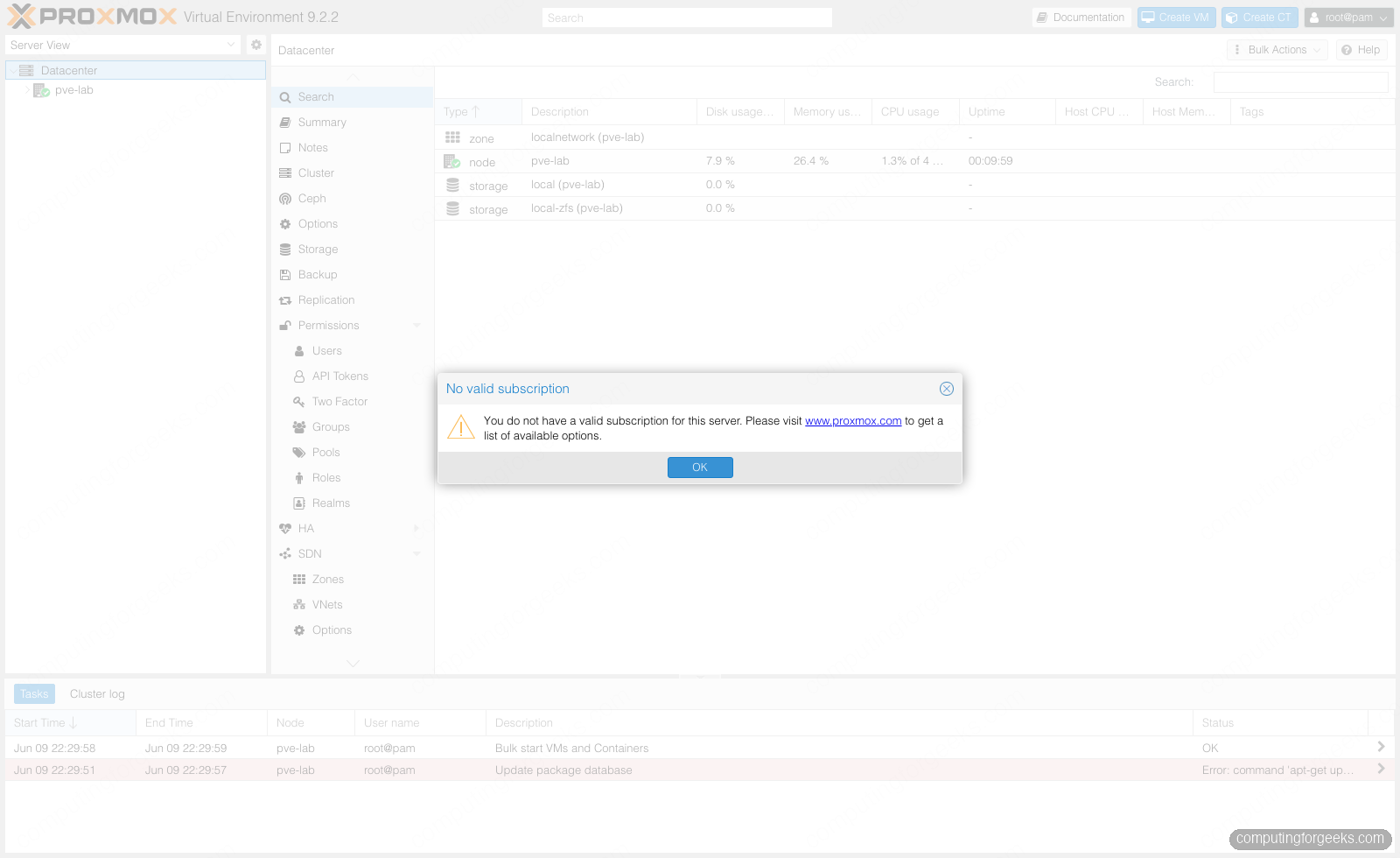 Proxmox VE No valid subscription login dialog