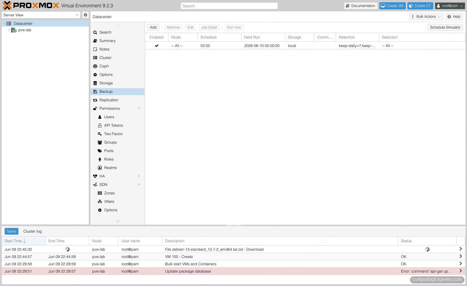 Proxmox VE scheduled backup job with a daily schedule and retention policy
