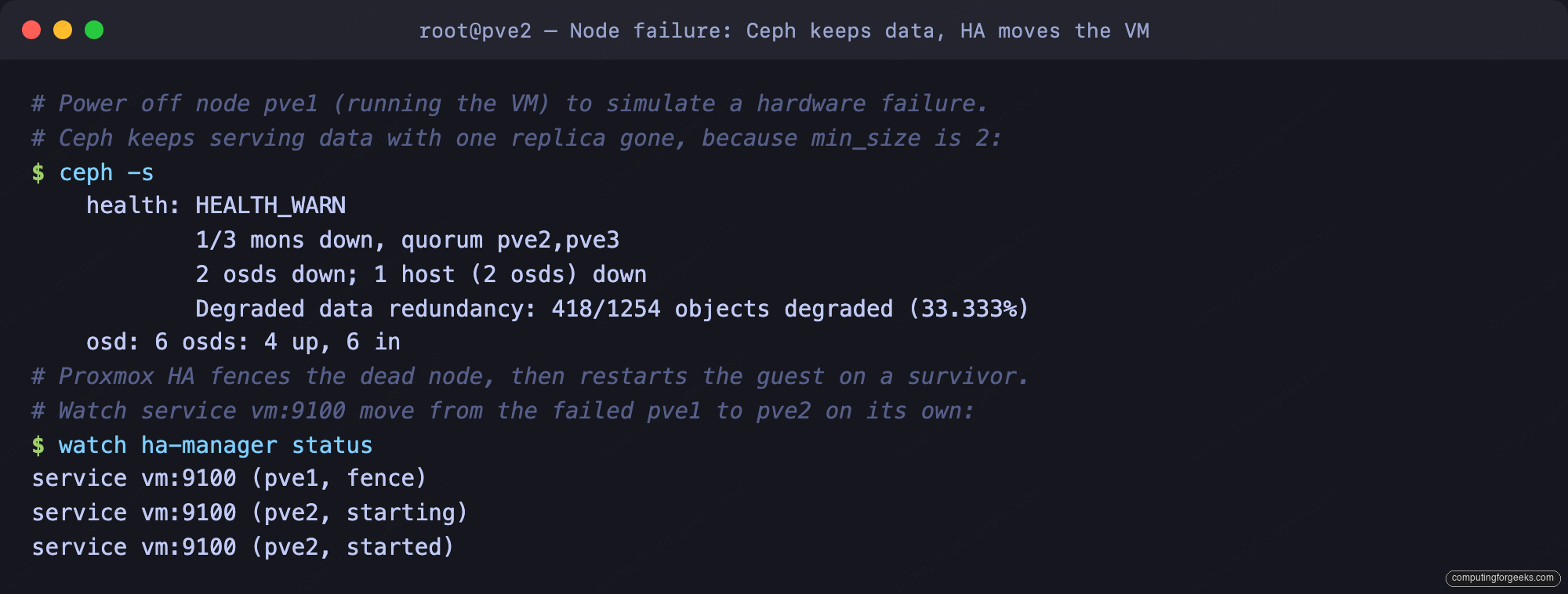 Build a 3-Node Hyperconverged Ceph Cluster on Proxmox VE 5 Proxmox VE node failure: Ceph keeps data with min_size 2 and HA restarts the VM on pve2