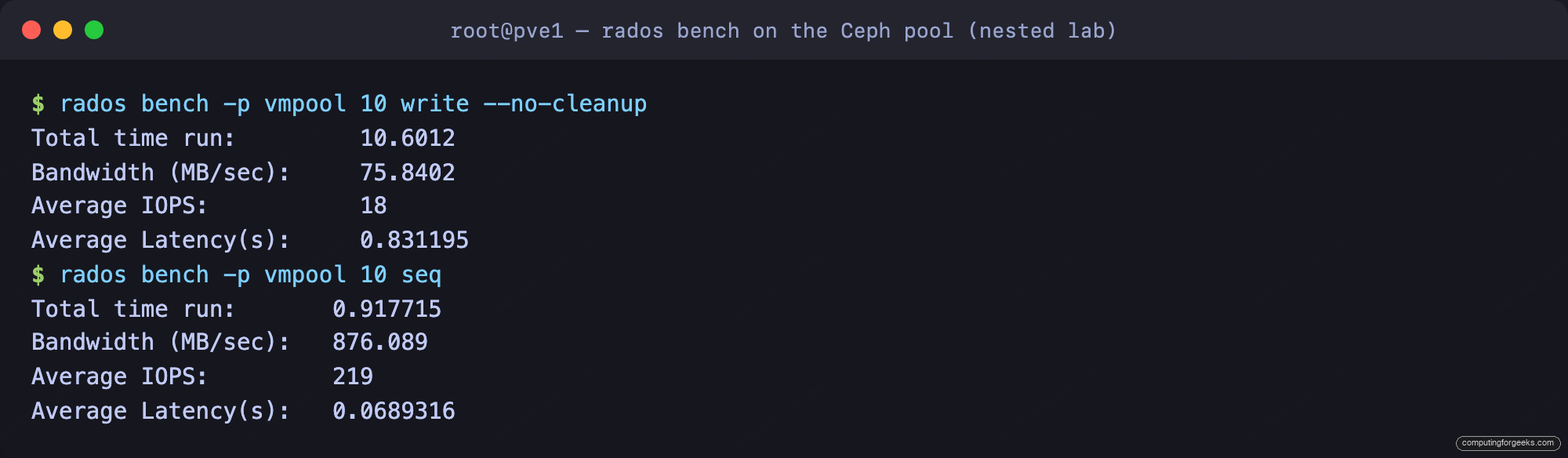 Build a 3-Node Hyperconverged Ceph Cluster on Proxmox VE 7 rados bench write and read results on the Proxmox VE Ceph RBD pool in a nested lab
