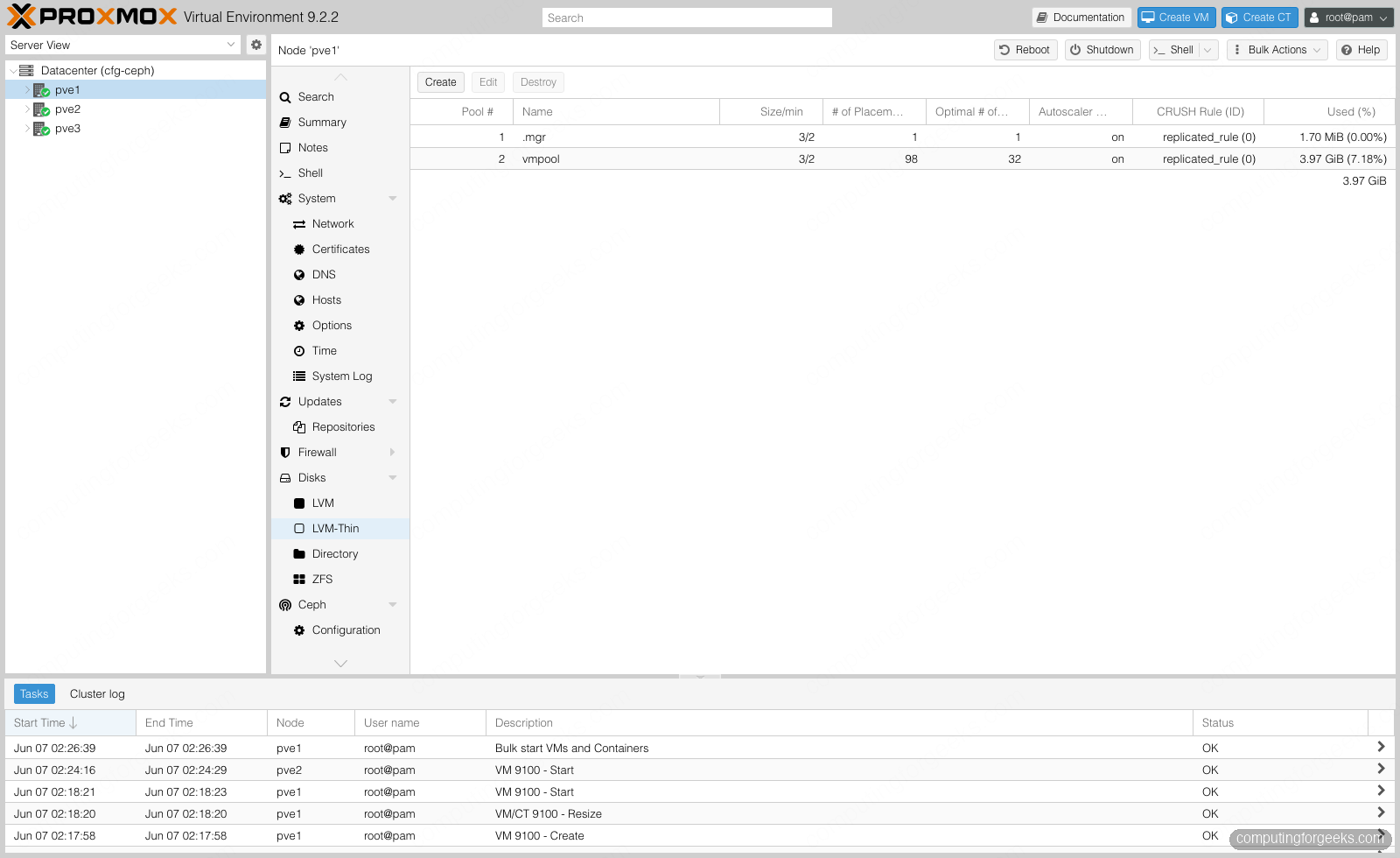 Build a 3-Node Hyperconverged Ceph Cluster on Proxmox VE 4 Proxmox VE Ceph Pools panel showing the vmpool RBD pool, size 3 min_size 2, autoscaler on