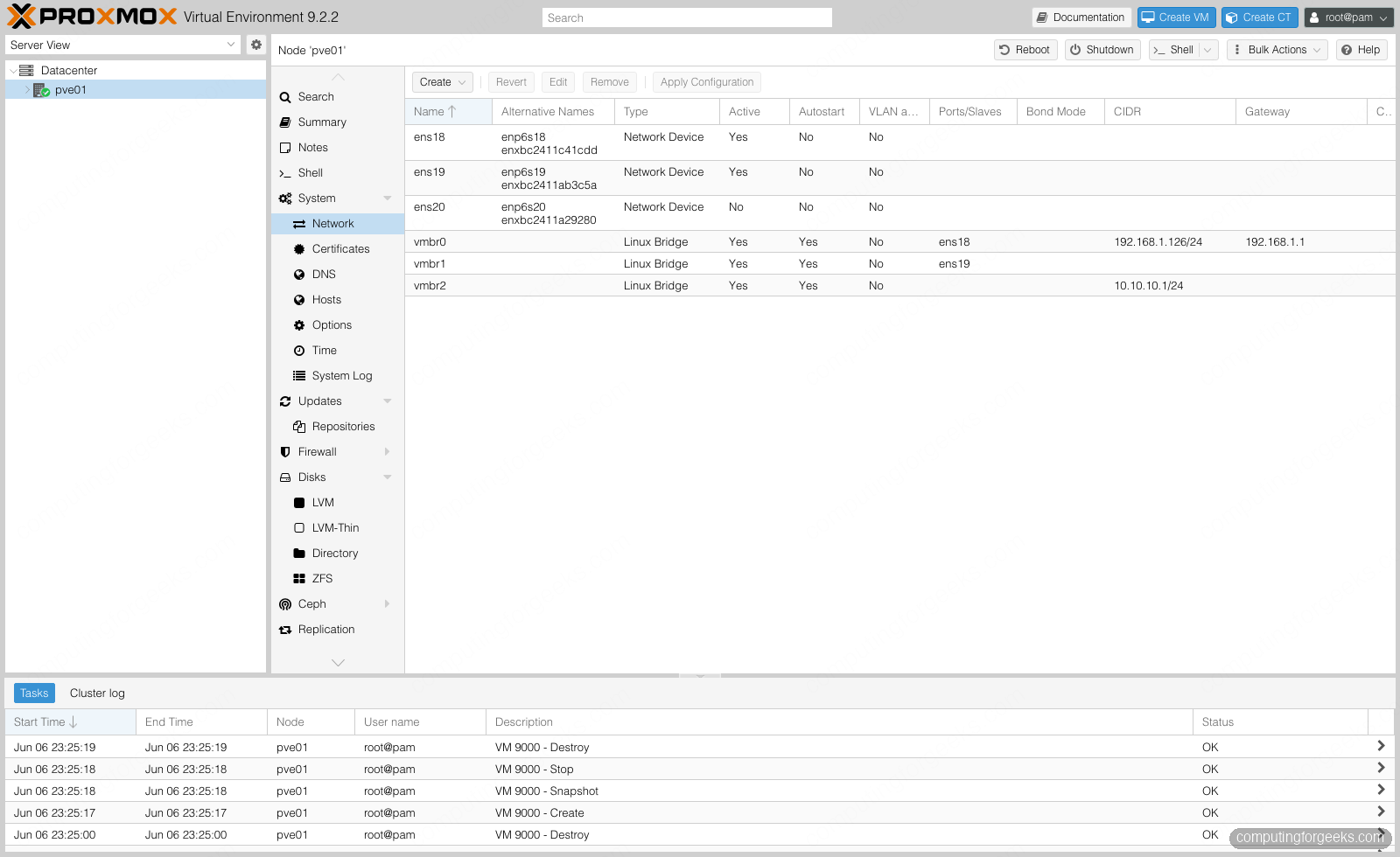 Configure Linux Bridges on Proxmox VE 1 Proxmox VE 9 System Network panel showing vmbr0, vmbr1, and vmbr2 Linux bridges