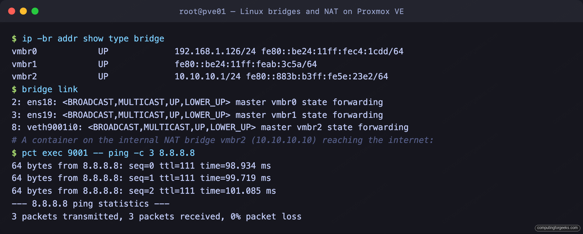 Configure Linux Bridges on Proxmox VE 2 Proxmox VE internal NAT bridge vmbr2 routing a container to the internet