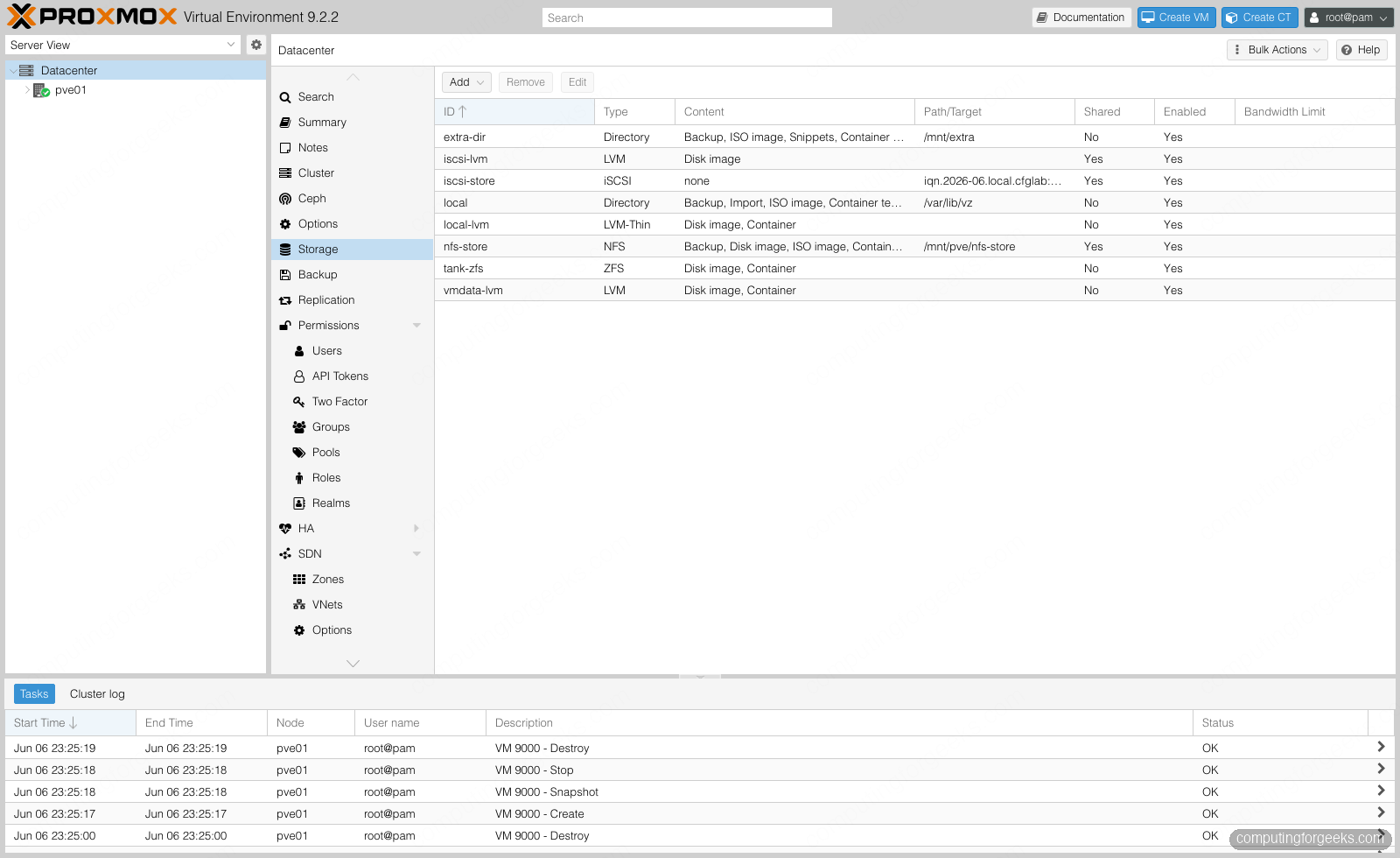 Proxmox VE 9 Datacenter Storage view comparing LVM, ZFS, NFS, and iSCSI backends