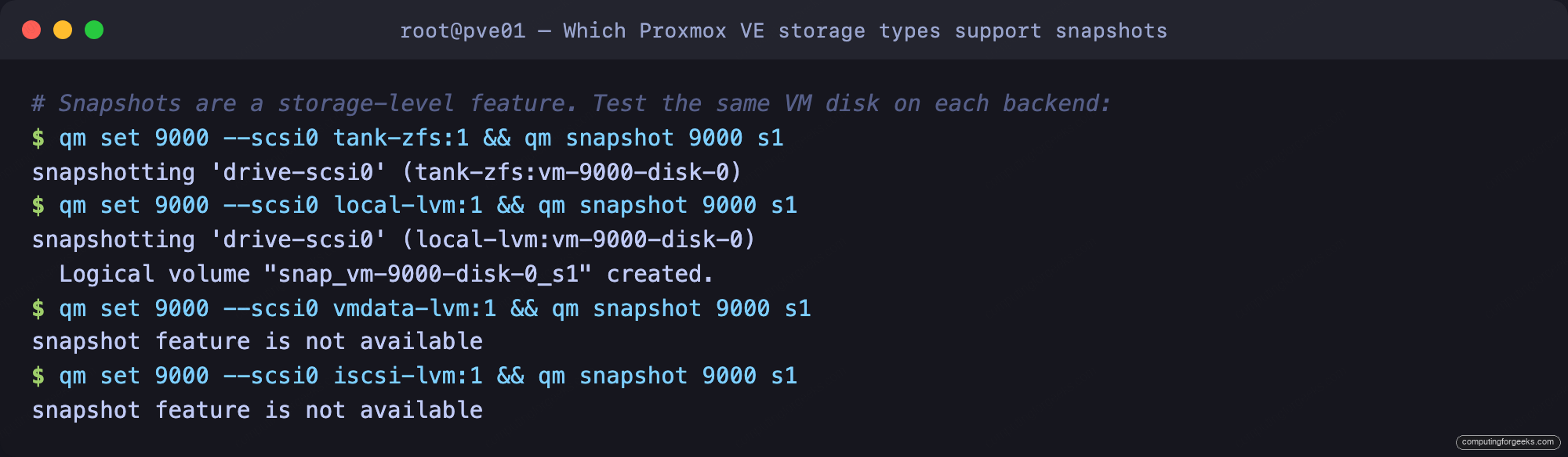Proxmox VE snapshot test: ZFS and LVM-thin support snapshots, thick LVM and iSCSI do not