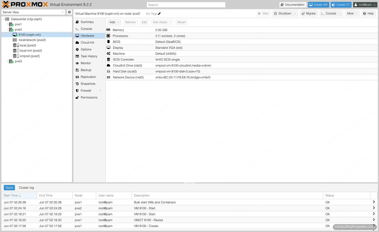 Build a 3-Node Hyperconverged Ceph Cluster on Proxmox VE 6 Proxmox VE VM 9100 hardware: scsi0 disk on the Ceph vmpool, running on node pve2 after failover