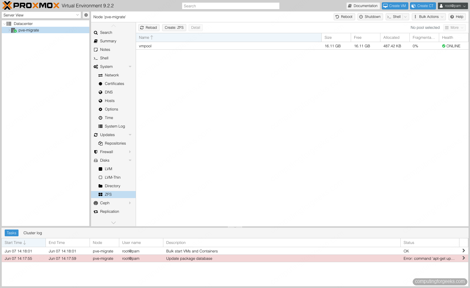 Proxmox VE 9 node Disks ZFS panel showing a pool ONLINE