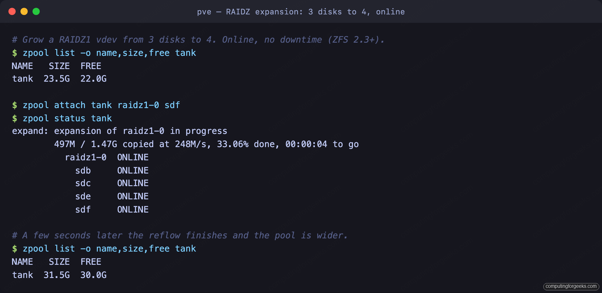 ZFS RAIDZ expansion from three disks to four online on Proxmox VE 9