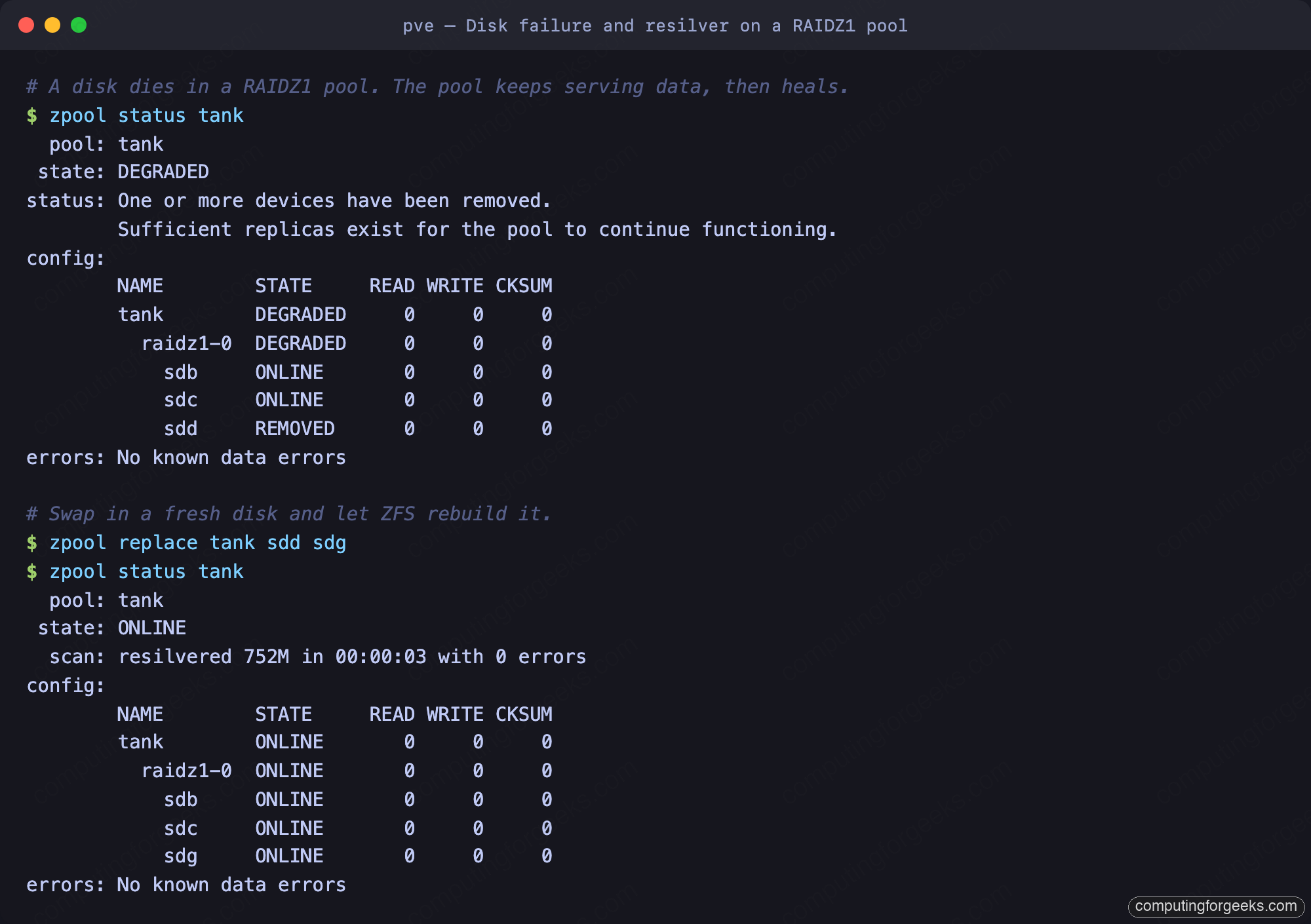 ZFS disk failure DEGRADED state and resilver recovery on a Proxmox VE RAIDZ1 pool