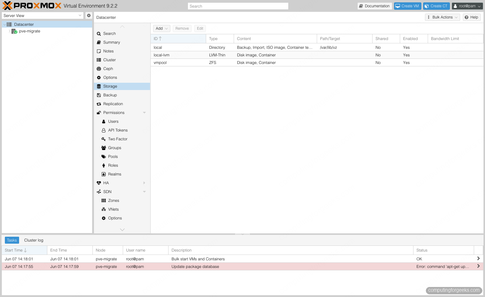 Proxmox VE Datacenter Storage list showing a ZFS pool as a storage backend