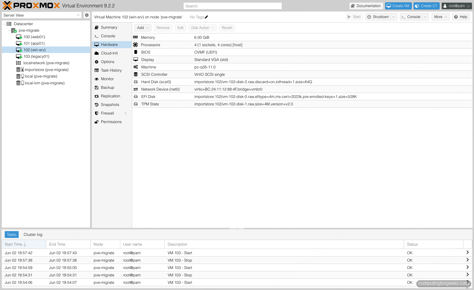 Migrate KVM to Proxmox VE: 3 Tested Methods 6 Proxmox hardware tab of a migrated Windows VM showing OVMF, TPM v2.0 and virtio-scsi