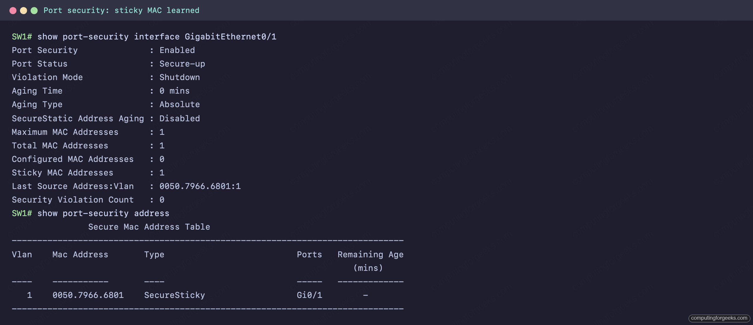 Cisco Port Security: Configure Sticky MACs and Violations 3 Cisco IOS show port-security interface output: Secure-up, one sticky MAC 0050.7966.6801 learned on Gi0/1, zero violations