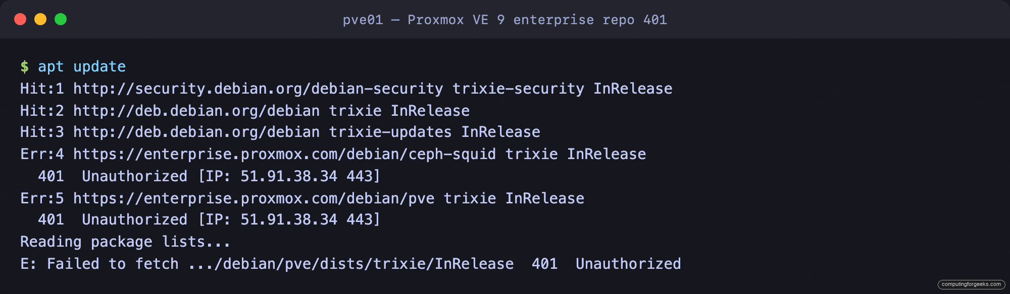 Proxmox VE 9 apt update failing with 401 Unauthorized on the enterprise repository
