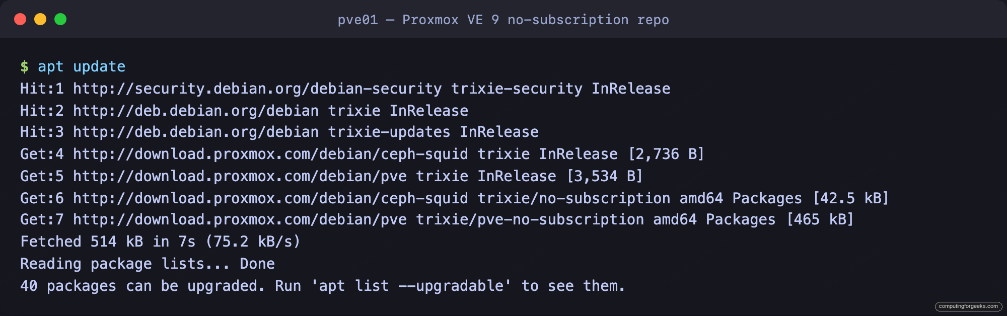 Proxmox VE 9 apt update succeeding from the no-subscription repository
