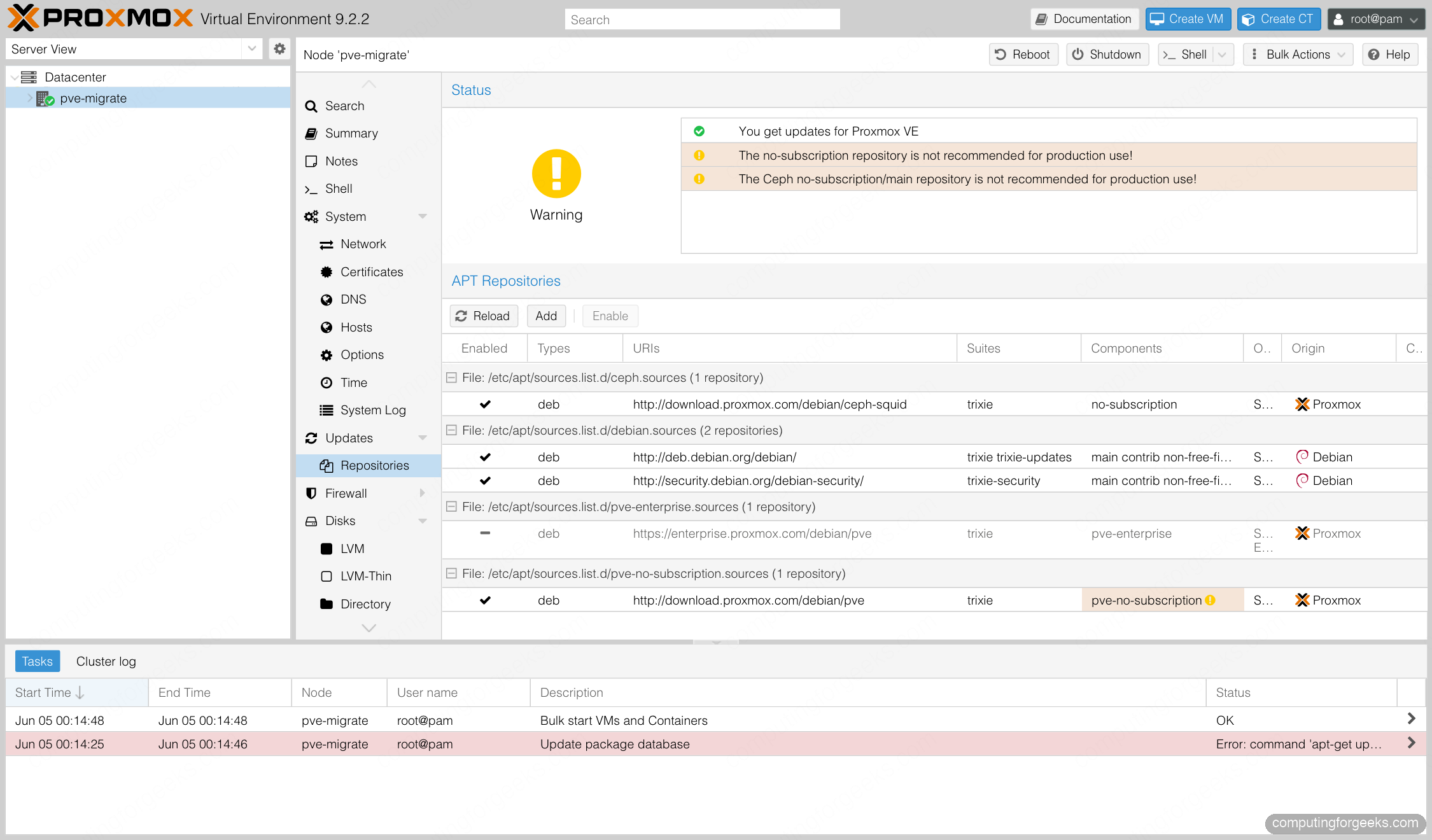 Proxmox VE 9 web UI Repositories panel showing enterprise disabled and no-subscription enabled