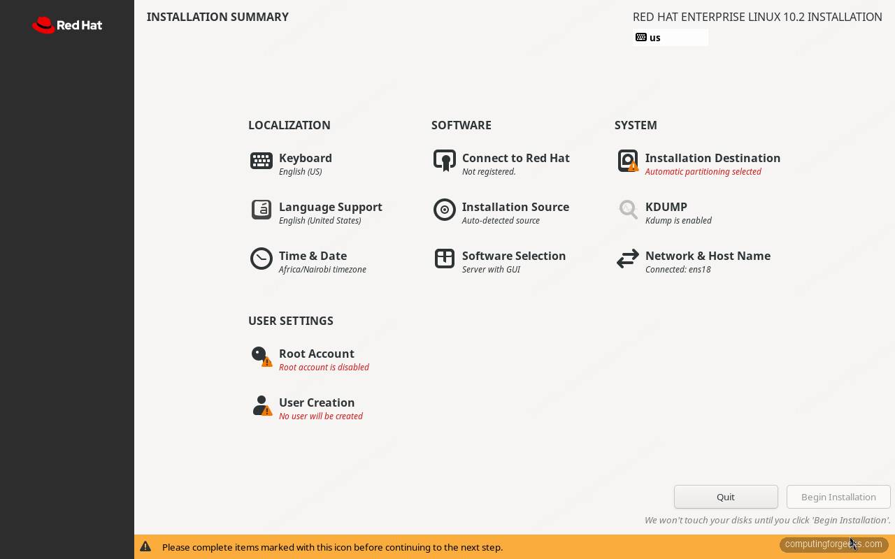 RHEL 10.2 Anaconda installation summary hub with configuration options