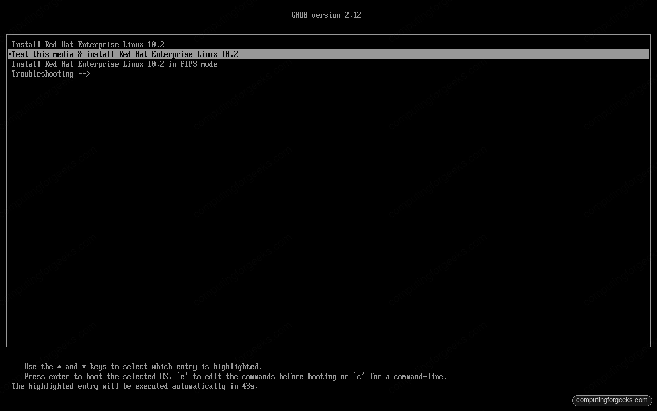 RHEL 10.2 GRUB boot menu showing install options